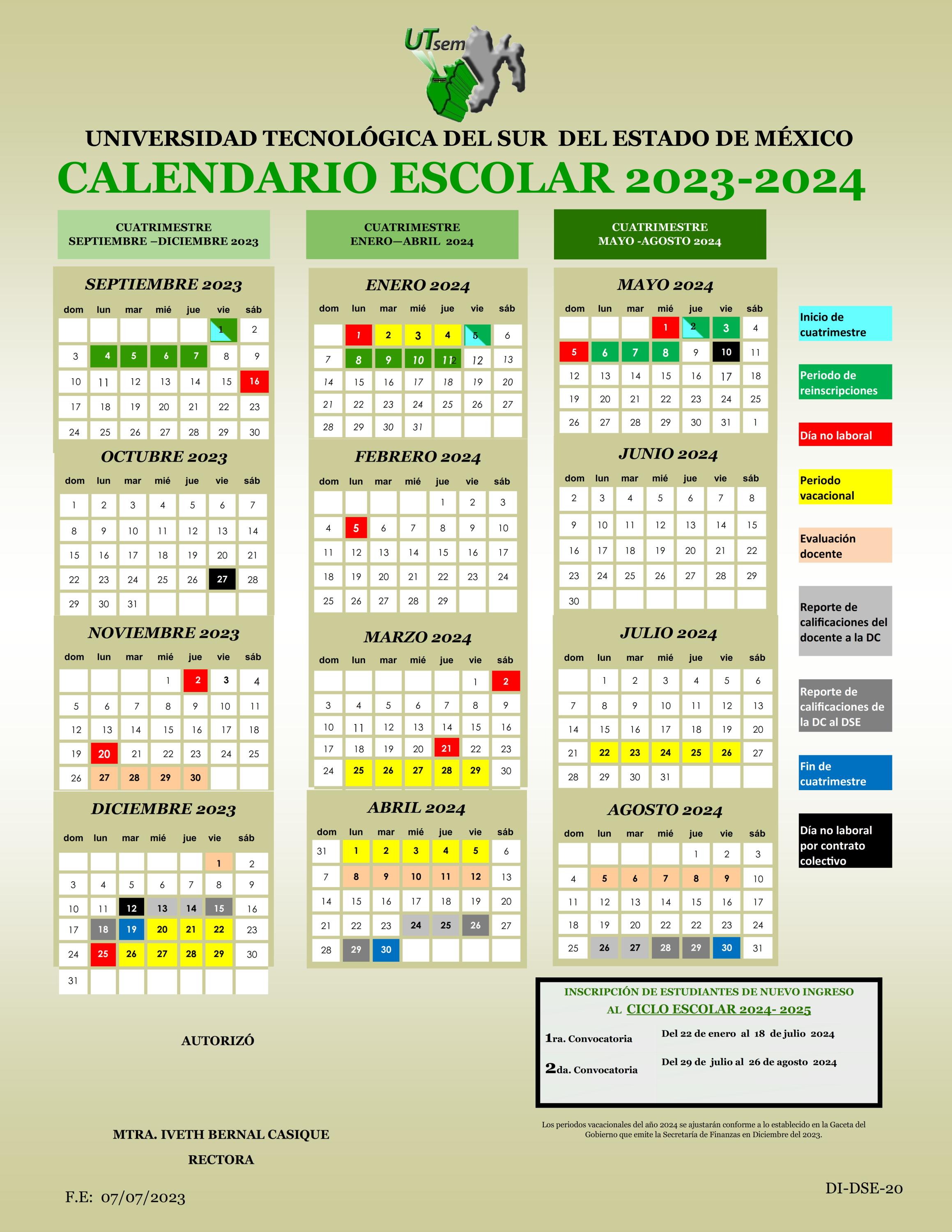 Calendario escolar Universidad Tecnológica del Sur del Estado de México